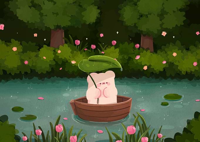 Cute Bear in a Boat Under a Leaf Umbrella