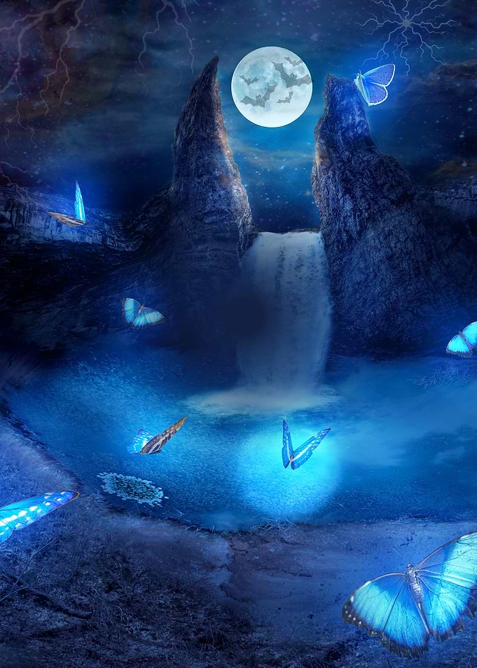 Enchanted Waterfall with Blue Butterflies