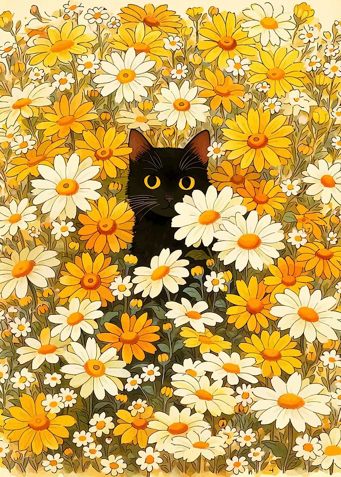 Black Cat in a Field of Daisies