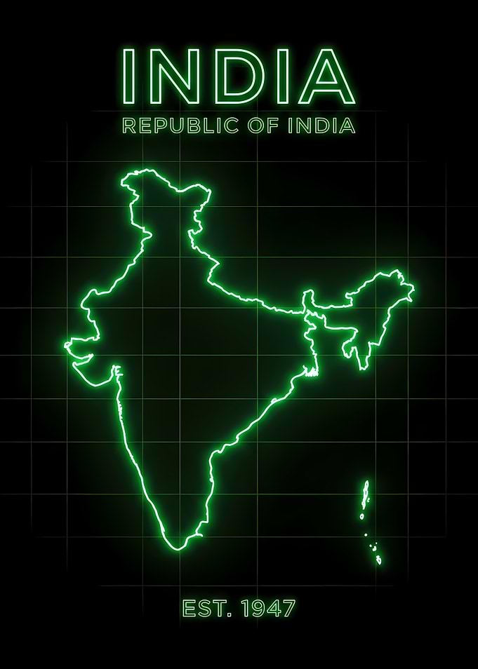 Neon India Map Outline on Black Grid Retro Futuristic