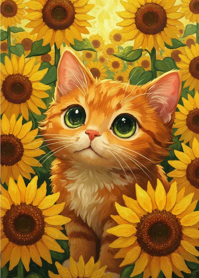 Cute Cat Among Sunflowers