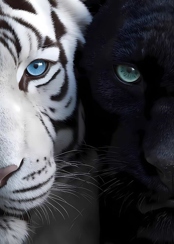 White Tiger and Black Panther Close-up