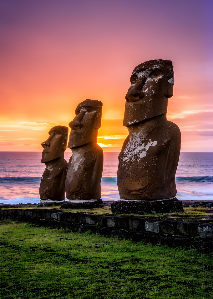 Moai Statues at Sunset