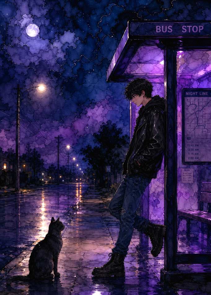 Man and Cat at Rainy Bus Stop