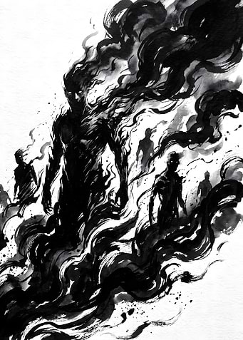 Shadowy Figures Emerging from Smoke