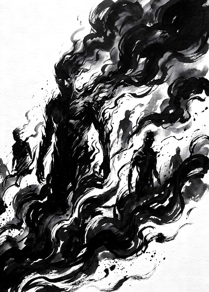 Shadowy Figures Emerging from Smoke