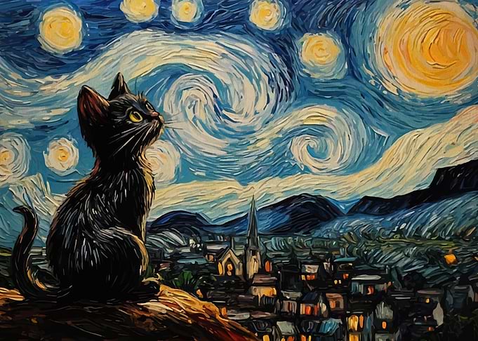 Black Cat in Starry Night