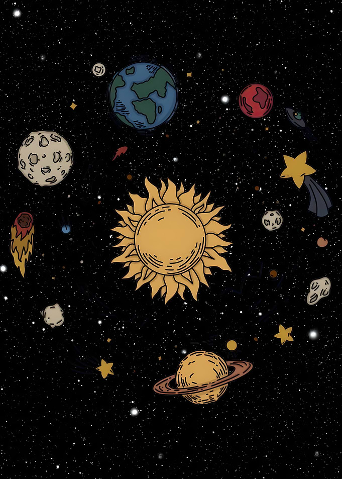 Whimsical Space Scene with Planets and Stars