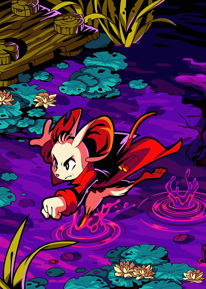 Mouse warrior leaping through water