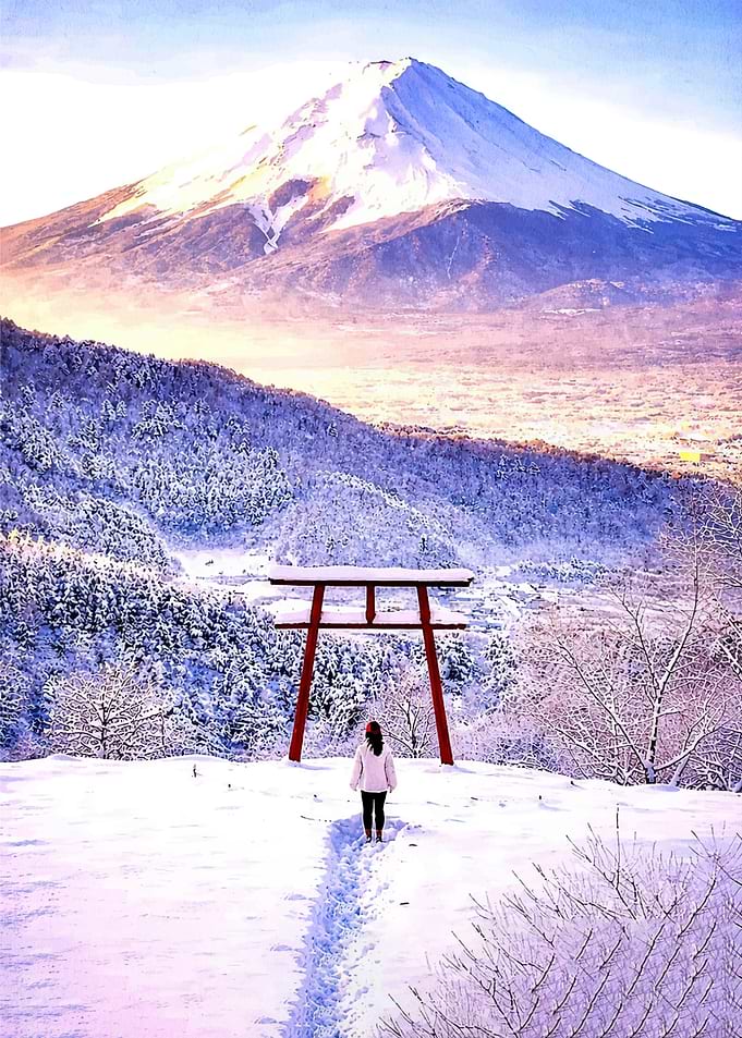 Woman at Mount Fuji Torii Gate in Winter