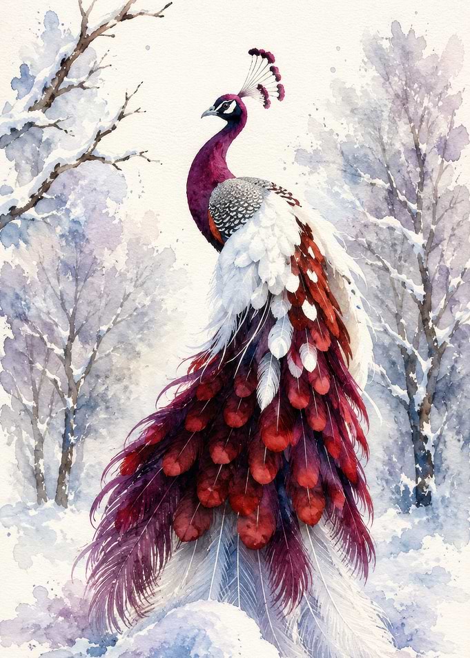 Peacock in a Snowy Forest