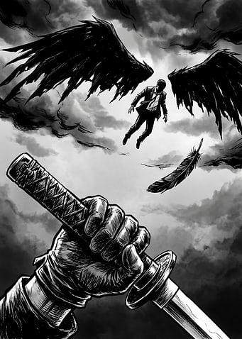 Man Falling with Black Wings and Sword