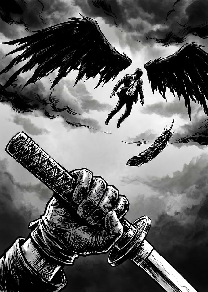 Man Falling with Black Wings and Sword