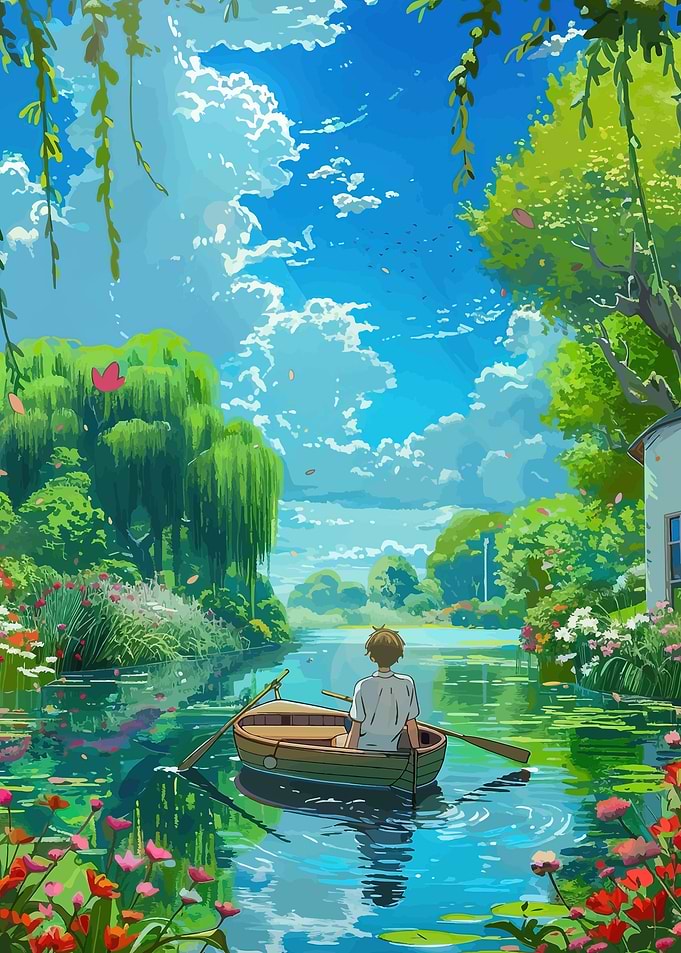 Boy in a boat on a serene river