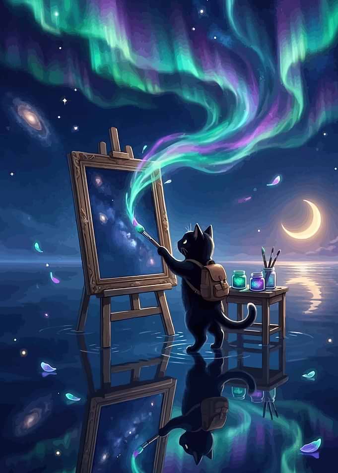 Cat Painting the Aurora Borealis