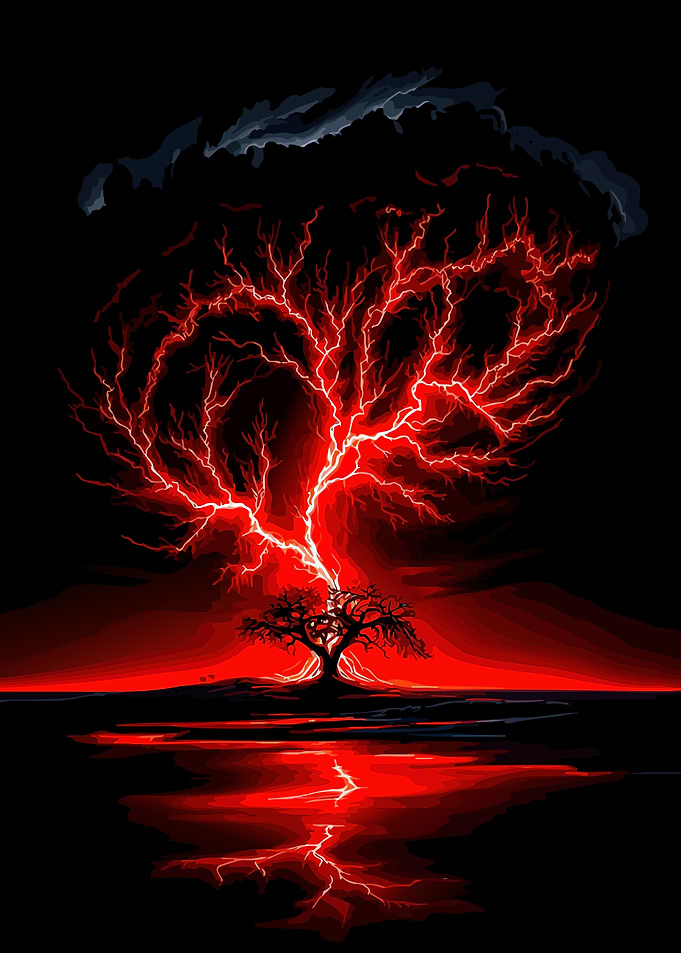 Tree Struck by Red Lightning