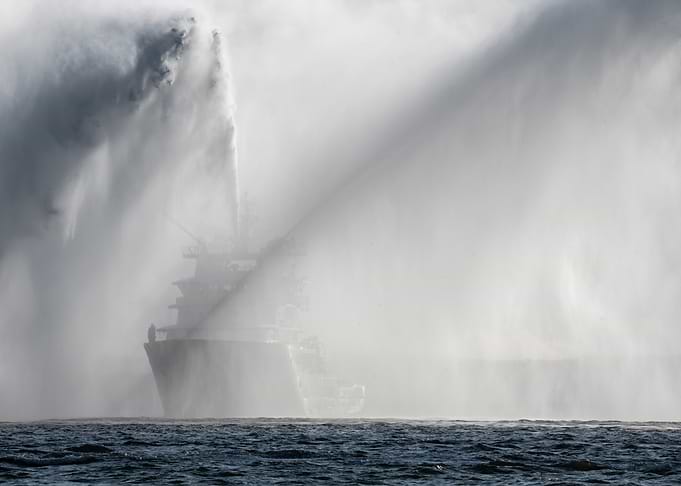 Naval Ship in Water Spray
