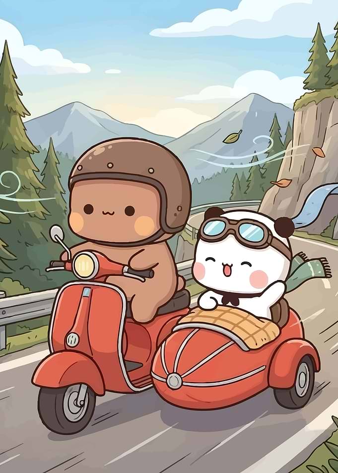 Cute characters riding a scooter with a sidecar