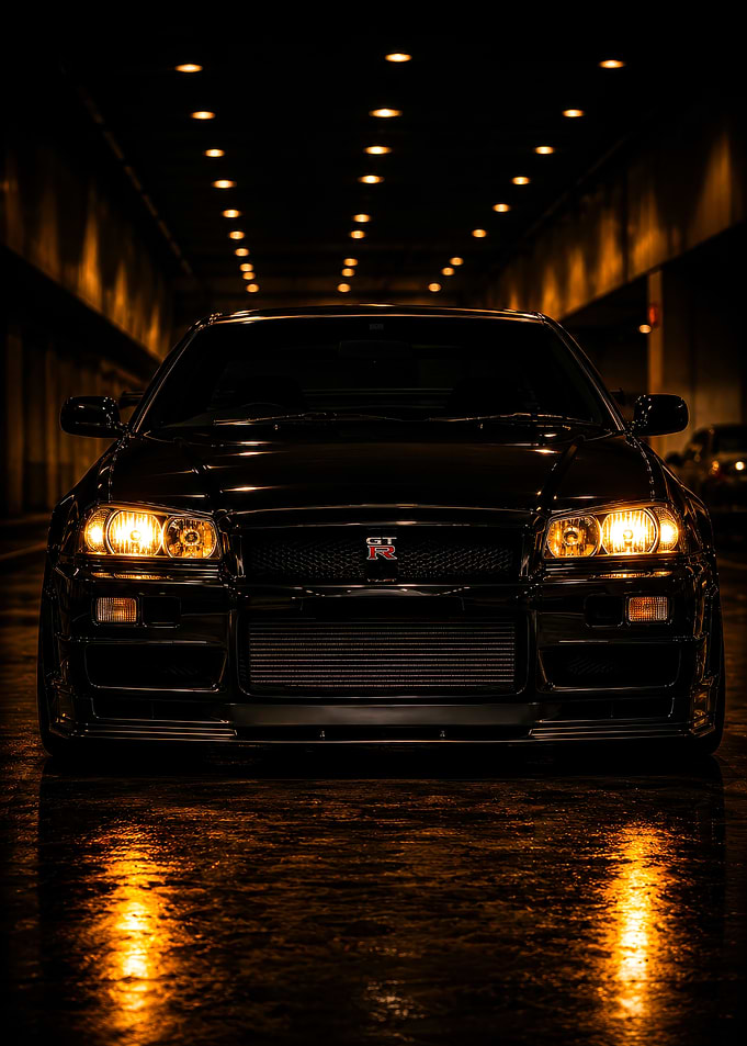 Black Nissan GT-R R34 in Tunnel