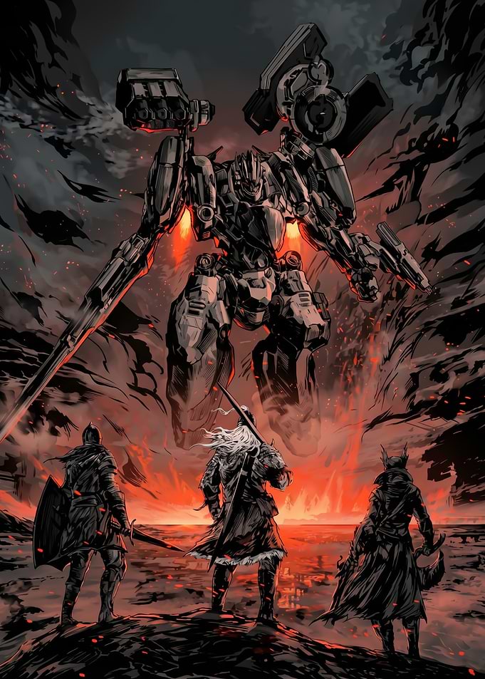 Mecha vs Knights in Fiery Landscape