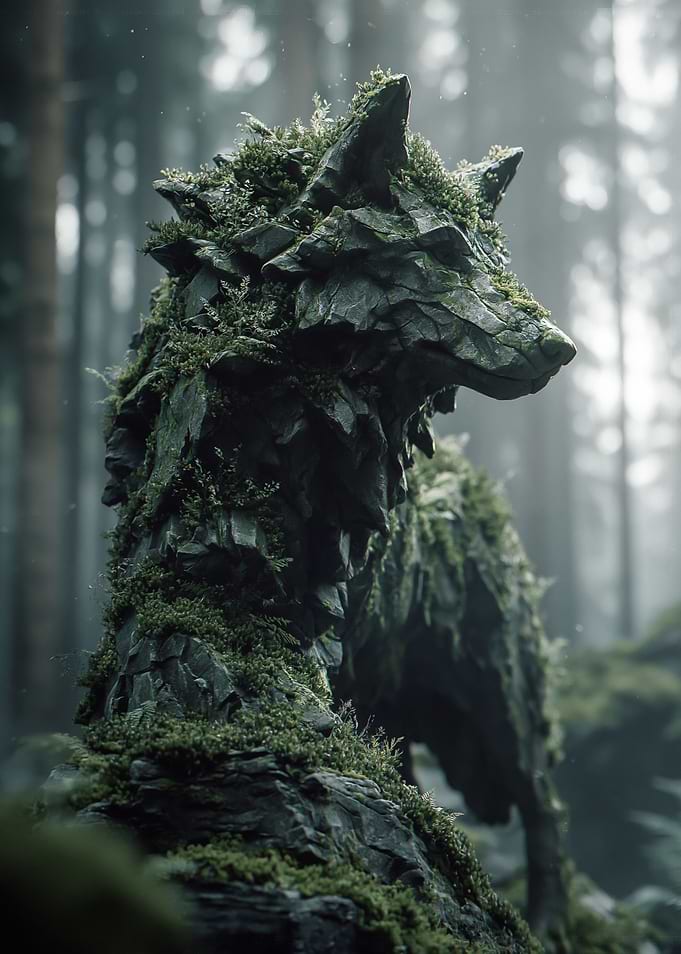 Moss-Covered Stone Wolf Statue