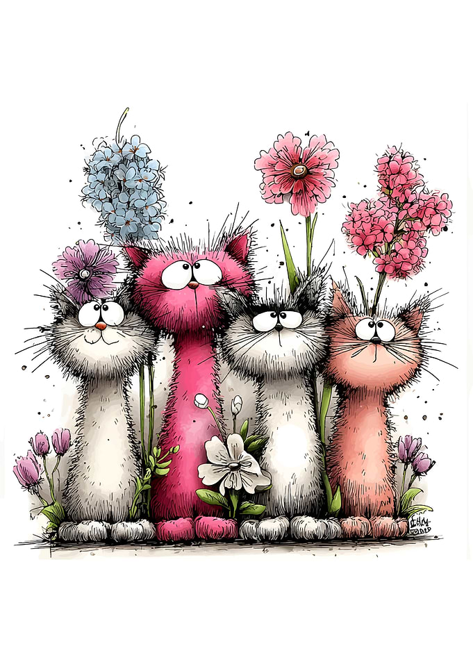 Four Whimsical Cats with Flowers