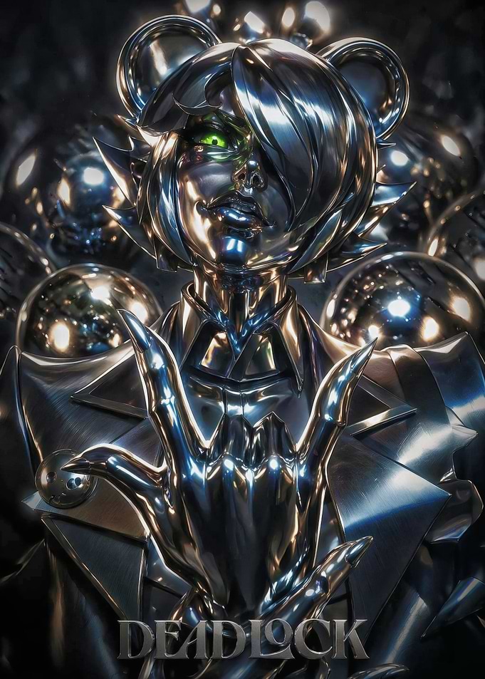 Chrome Bear Character with Green Eyes