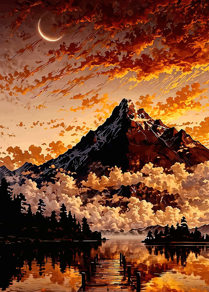 Dramatic Mountain Sunset Over Lake