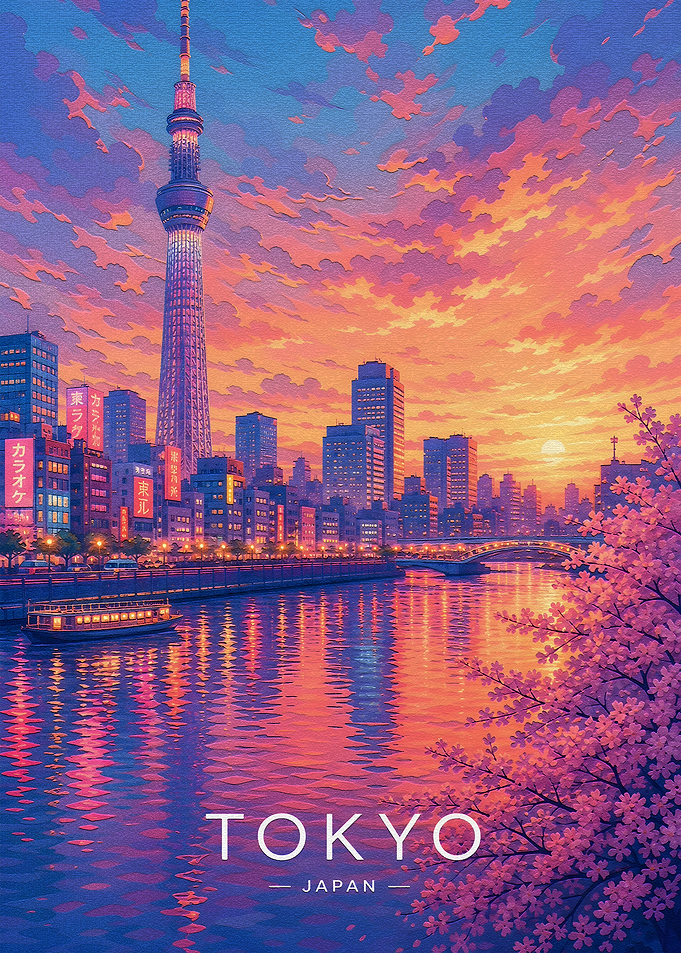Tokyo Skytree at Sunset with Cherry Blossoms