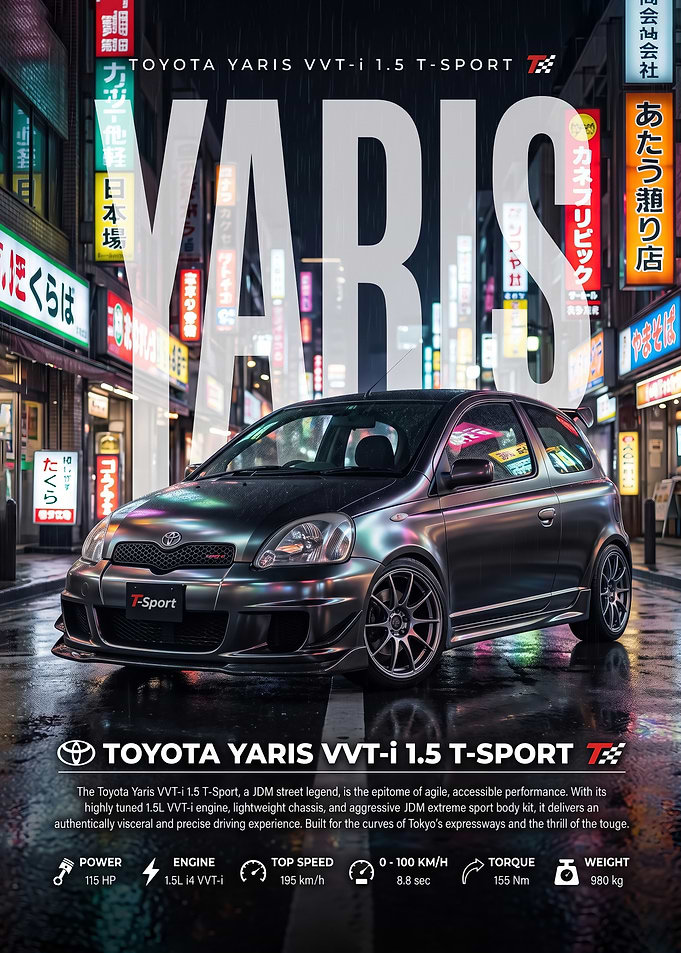 neon Tokyo rain Toyota Yaris T-Sport Poster