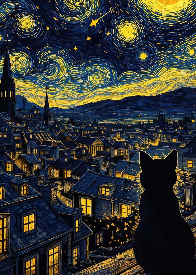 Cat silhouetted against Van Gogh-style night sky