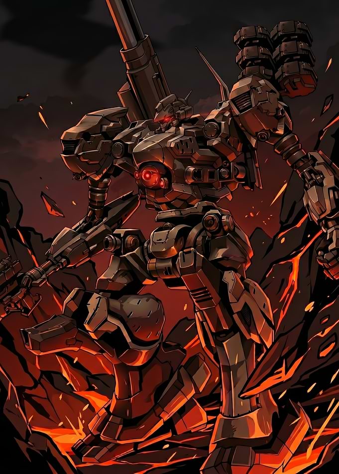 Mecha in a Fiery Landscape