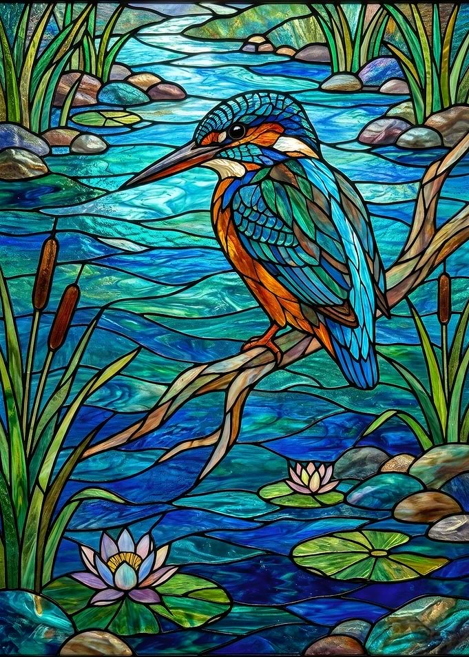 Stained Glass Kingfisher by Water