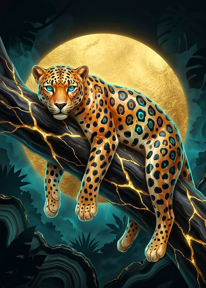 Leopard on a cracked branch under the moon