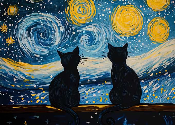 Two Black Cats Starry Night Painting