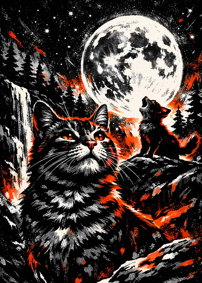 Cat and Wolf Howling at Moon