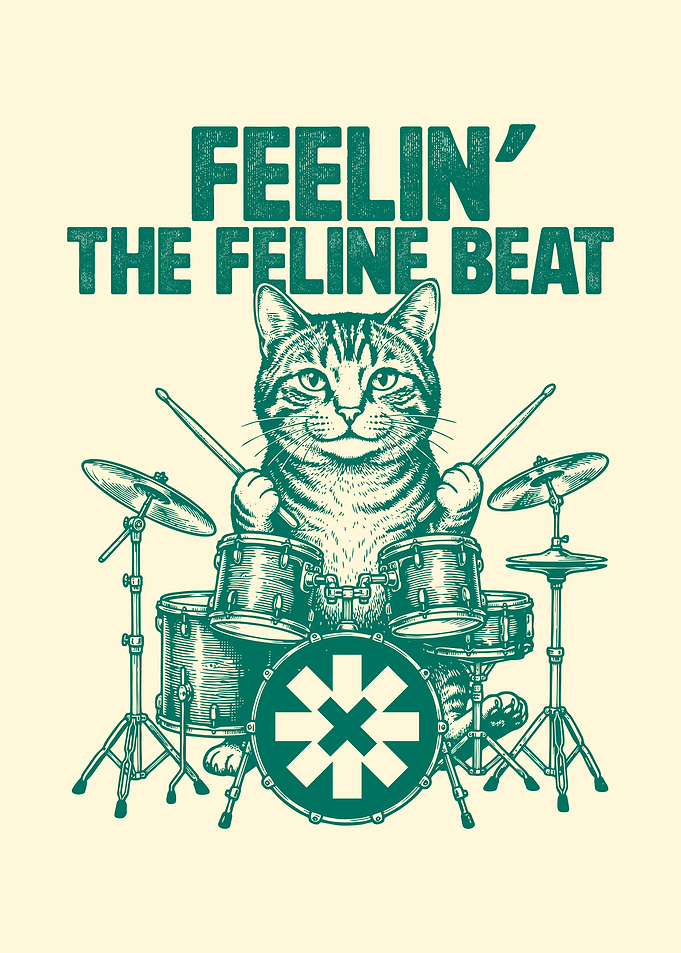 Cat drummer playing drums