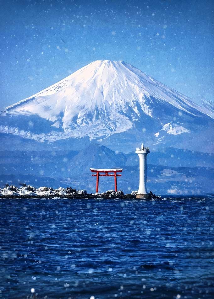 Mount Fuji in Winter with Torii Gate