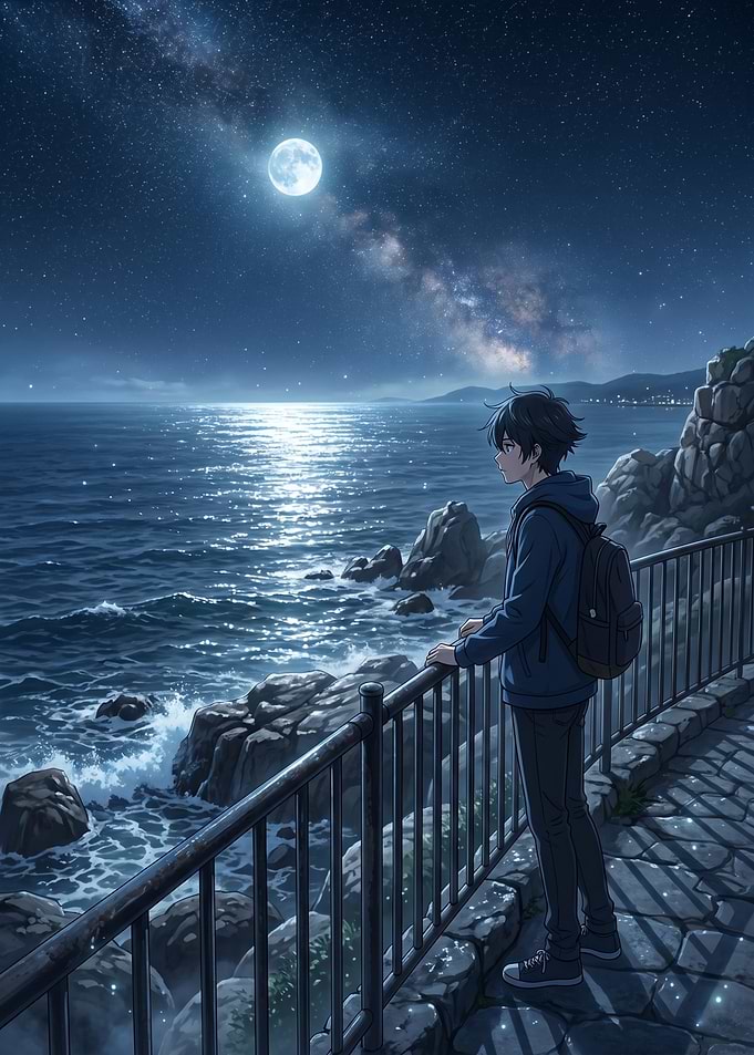 Boy Gazing at Moonlit Ocean