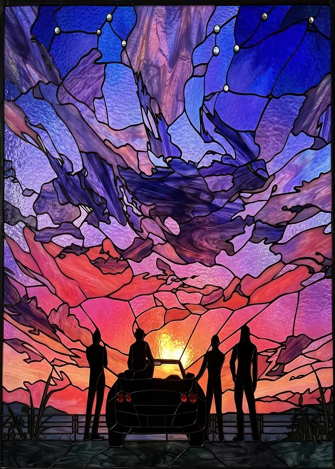 Stained Glass Sunset with Friends and Car final fantasy