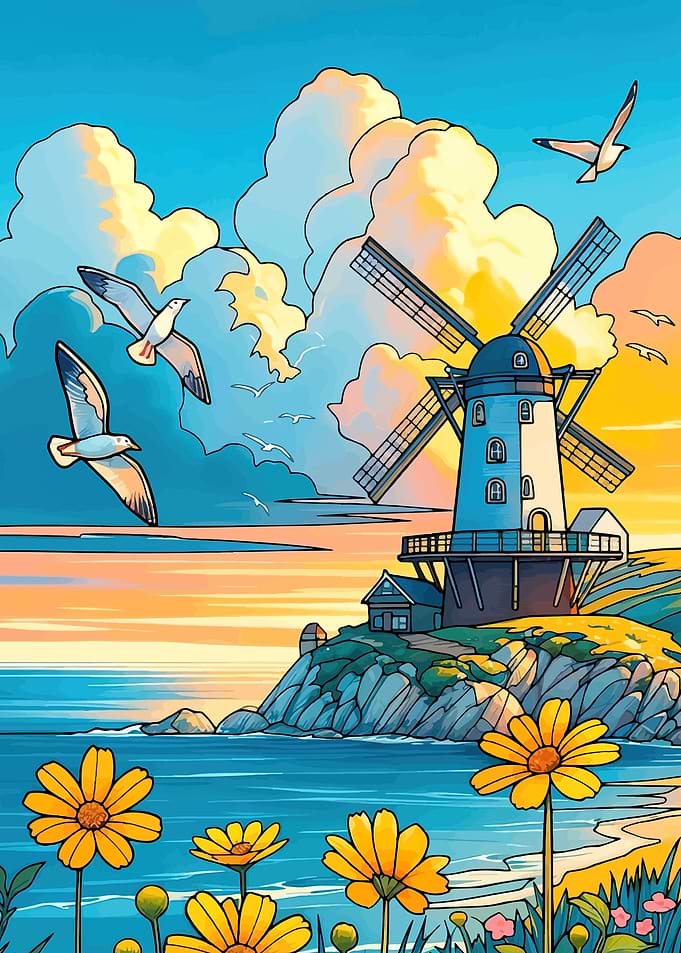 Windmill by the Sea at Sunset