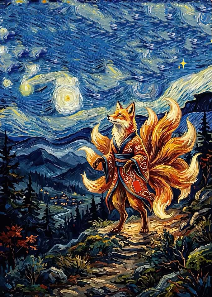 Kitsune in Starry Night Landscape