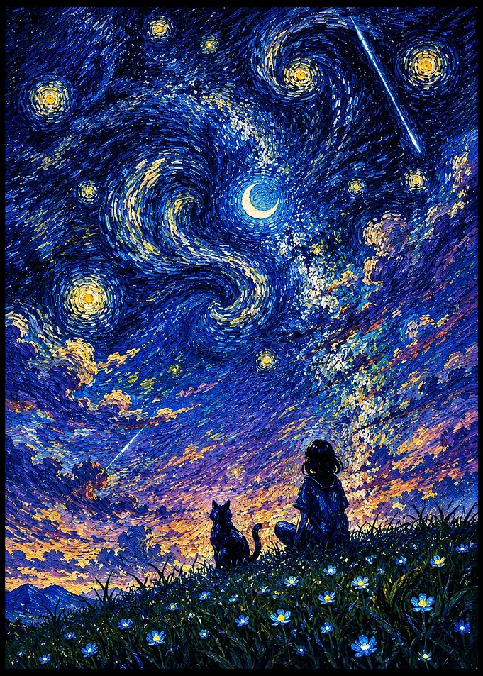 Girl and Cat Under Starry Sky