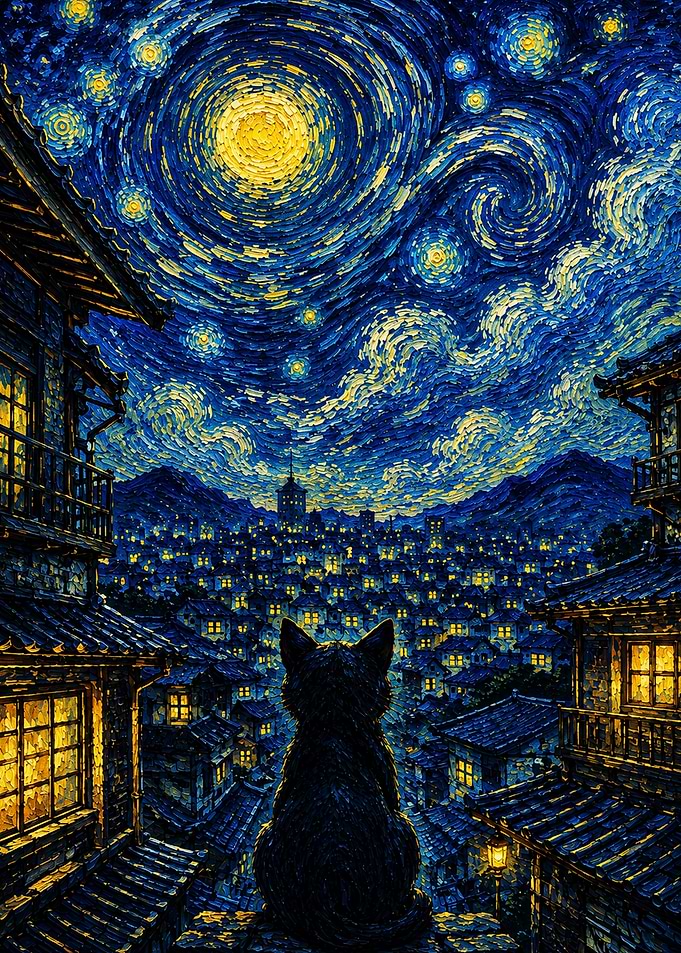 Black Cat Overlooking Starry Cityscape