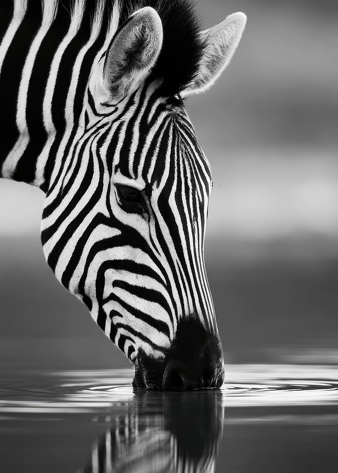 Zebra Drinking Water in Black and White Wildlife Photo