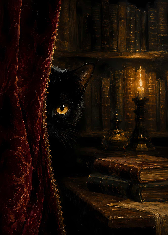 Black Cat Peeking from Behind Red Curtain
