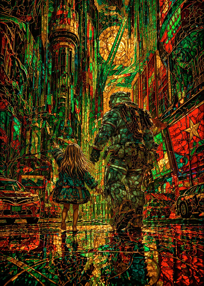 Astronaut and Child in Stained Glass City