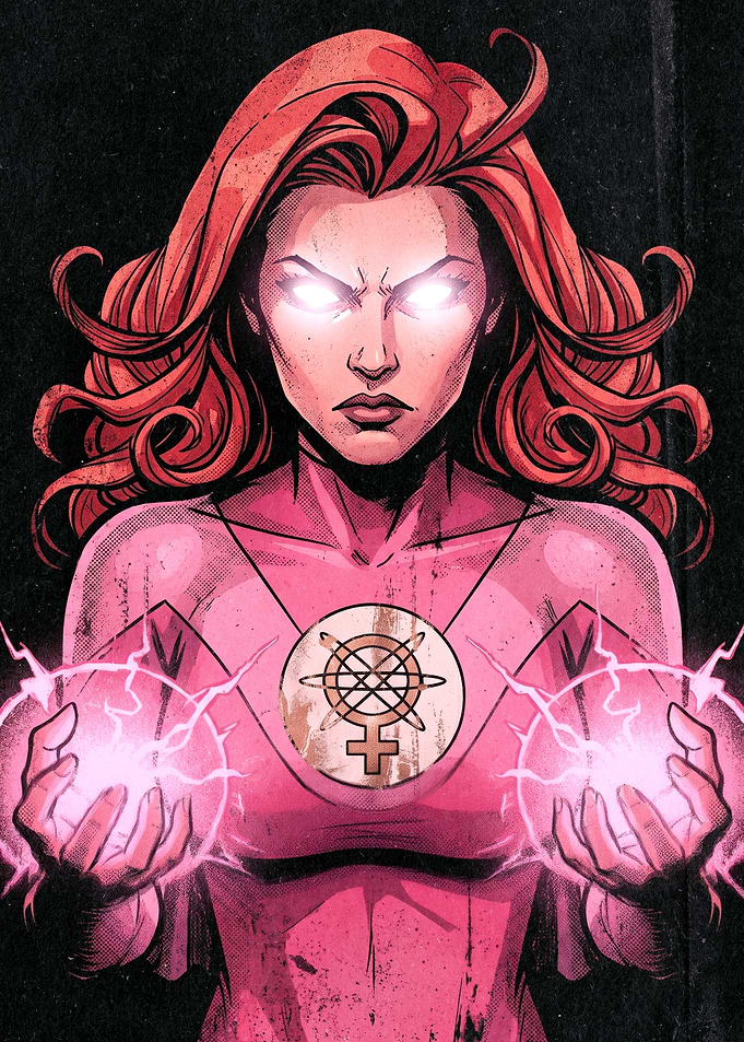 Woman with glowing eyes and energy balls