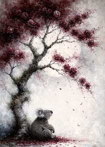 Koala under a blooming tree