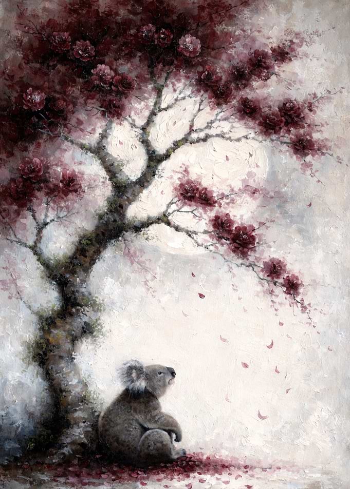 Koala under a blooming tree